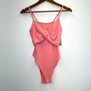 A New Day - NWT Coral Pink Swoop Front Spaghetti Strap Snap Bodysuit Size Small